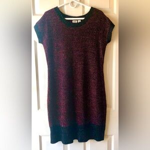 Cato Red Black Metallic Silver Short Sleeve Chunky Knit Fitted Midi Dress Large